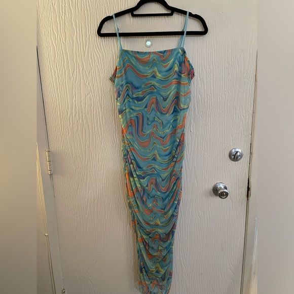 Wild Fable Blue Orange Yellow Swirl Rouched Mesh Maxi Dress Size XXL - Picture 4 of 9